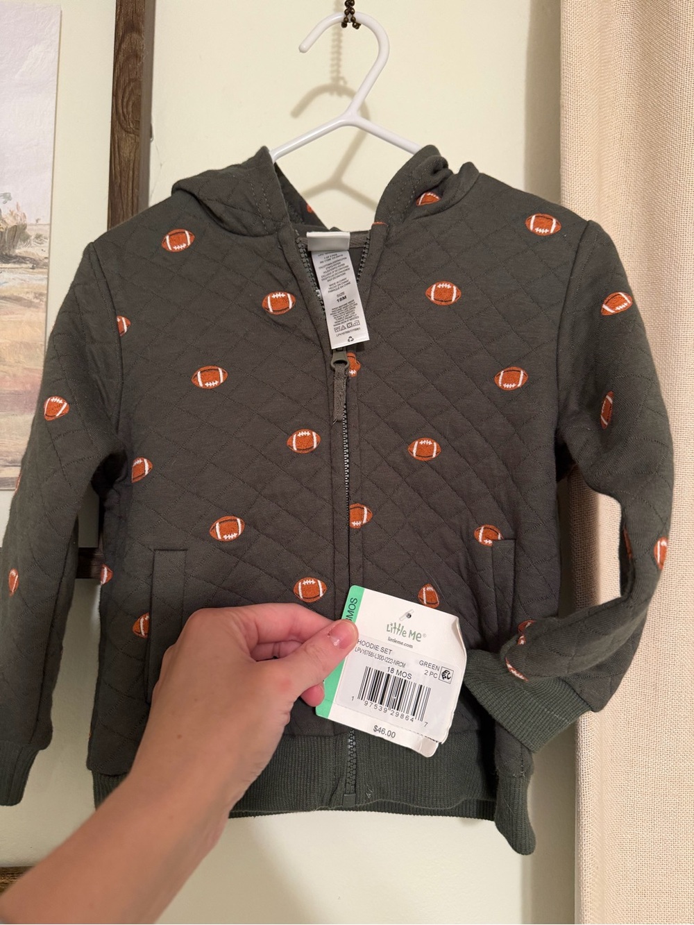 Little Me Olive Green Quilted Hoodie with Orange Footballs